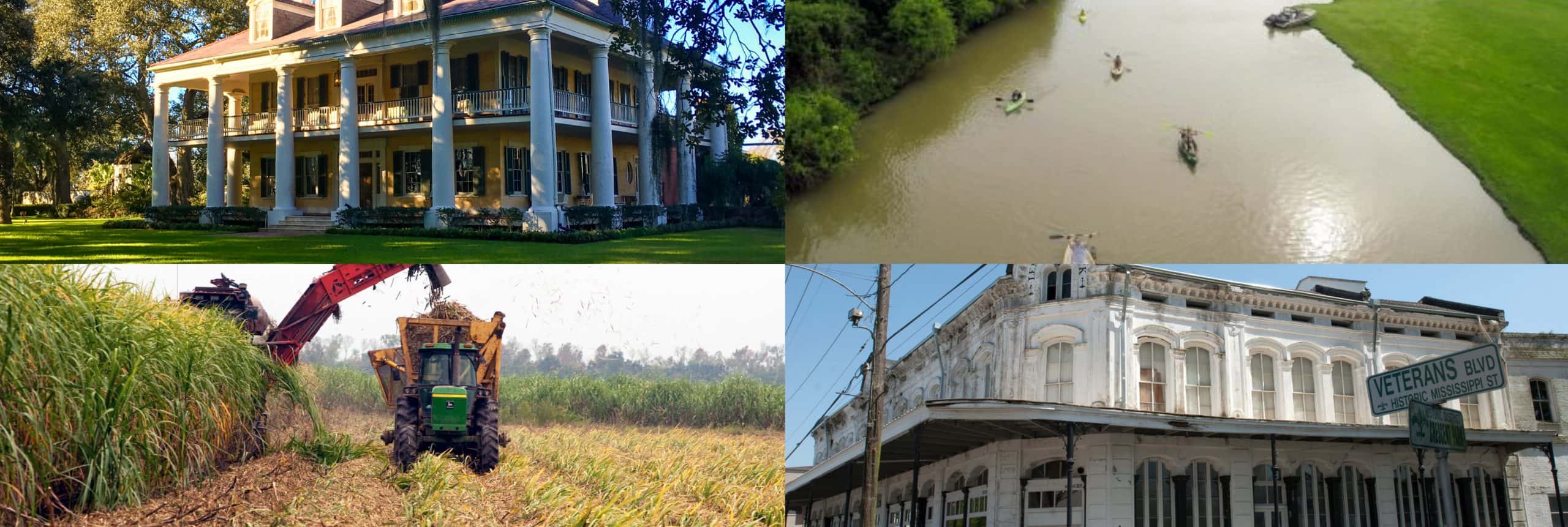 photo montage of a Louisiana home, river, farm, and street corner