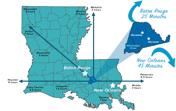 map of Louisiana showing the location of Ascension Parish and its proximity to other Louisiana cities